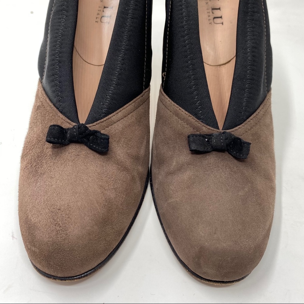 Anyi Lu Cookie Suede Heels Pumps Brown Black Bow 38 Size 8 - Picture 5 of 11